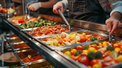 Catering buffet food indoor in restaurant with meat colorful fruits and vegetables 