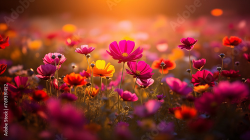 Field of cosmos flowers at sunset with vibrant colors and soft focus background