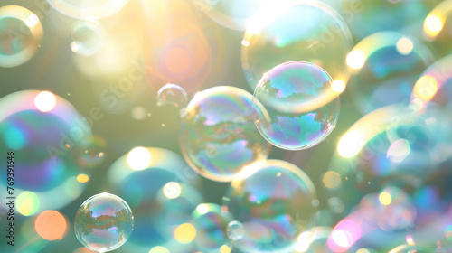 Iridescent soap bubbles on a sunny day - This image captures the whimsical play of light on iridescent soap bubbles floating gently in the sunlight