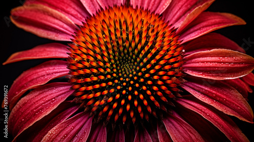 Macro view of a red echinacea flower with dew on its petals