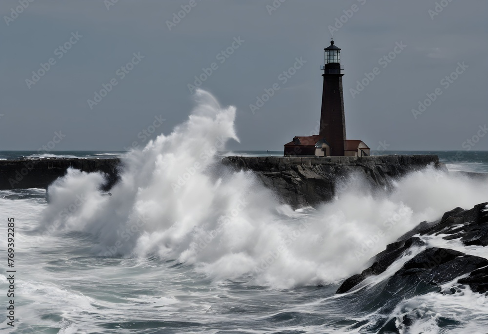 A view of a Lighthouse with large waves