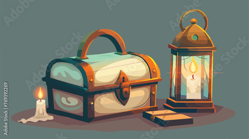 Magic lamp with antique chest and lantern with cand photo