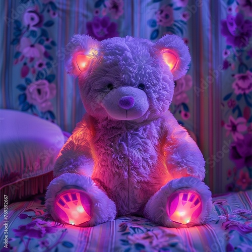 Plush teddy bear illuminated in neon purple exuding charm and playfulness in a whimsical shadowy setting photo