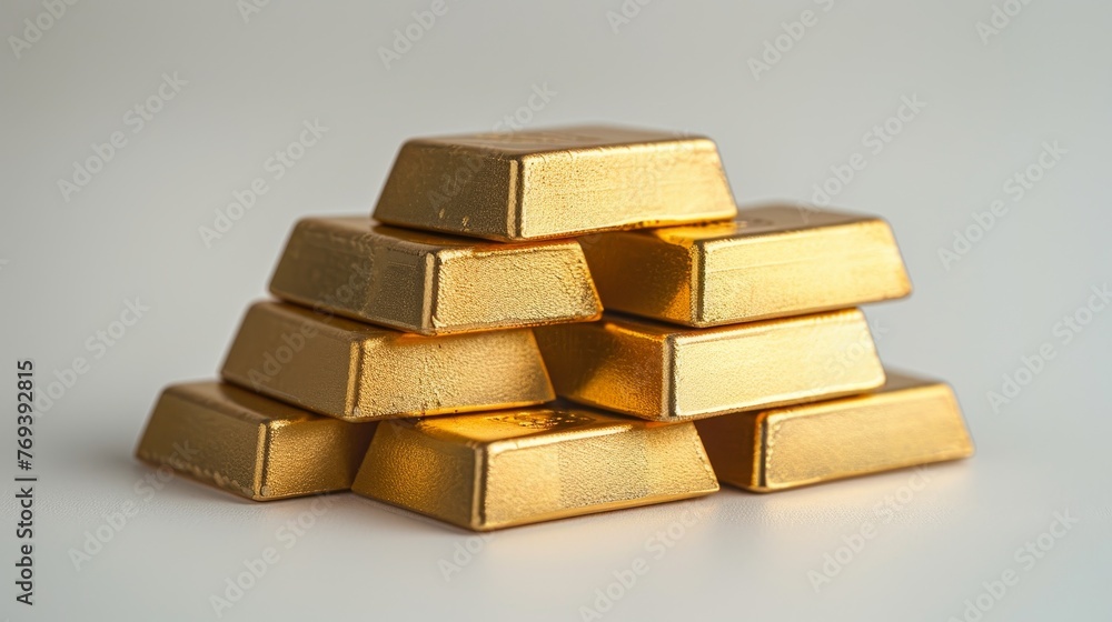 Polished gold bars neatly stacked on white background 