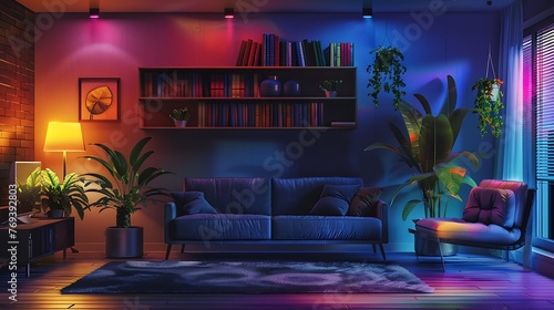 Modern Living Room Interior At Night With Bookshelf Sofa Armchairs Potted Plant And Air Conditioner