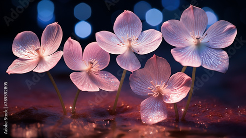 Pink aquatic flowers glistening with water drops under night lights