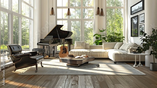 Modern Living Room Interior With Piano Guitar Corner Sofa Coffee Table Armchairs And Potted Plant