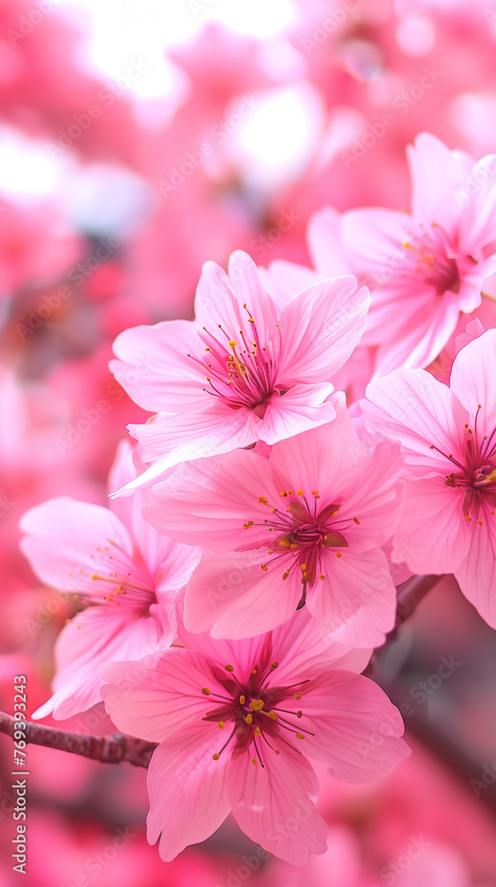 A close up of pink flowers with a pink background. The flowers are in full bloom and the pink color is vibrant and eye-catching. Concept of beauty and freshness, as well as the fleeting nature of life