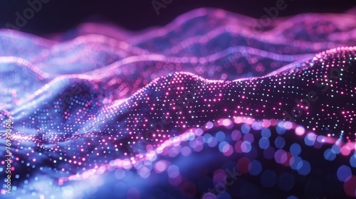 Mesmerizing creative motion: waving dots texture with glowing defocused particles, cyber tech background concept © touseef