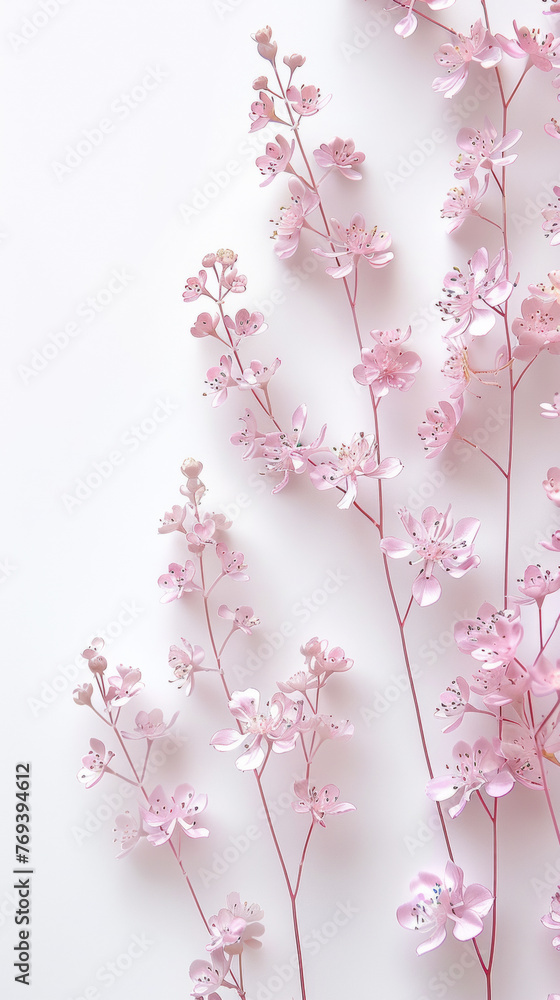 A close up of pink flowers with a white background. The flowers are arranged in a way that they look like they are growing out of the wall. Concept of beauty and elegance