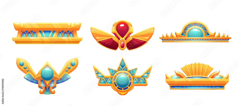 Egyptian game ui icon of border or divider. Cartoon vector illustration set of treasure ancient Egypt frame asset made of gold with red and turquoise gem stones. Pharaoh golden ornament and jewelry. - obrazy, fototapety, plakaty 