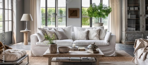 Stylish living room with contemporary aesthetics and a subdued color palette.