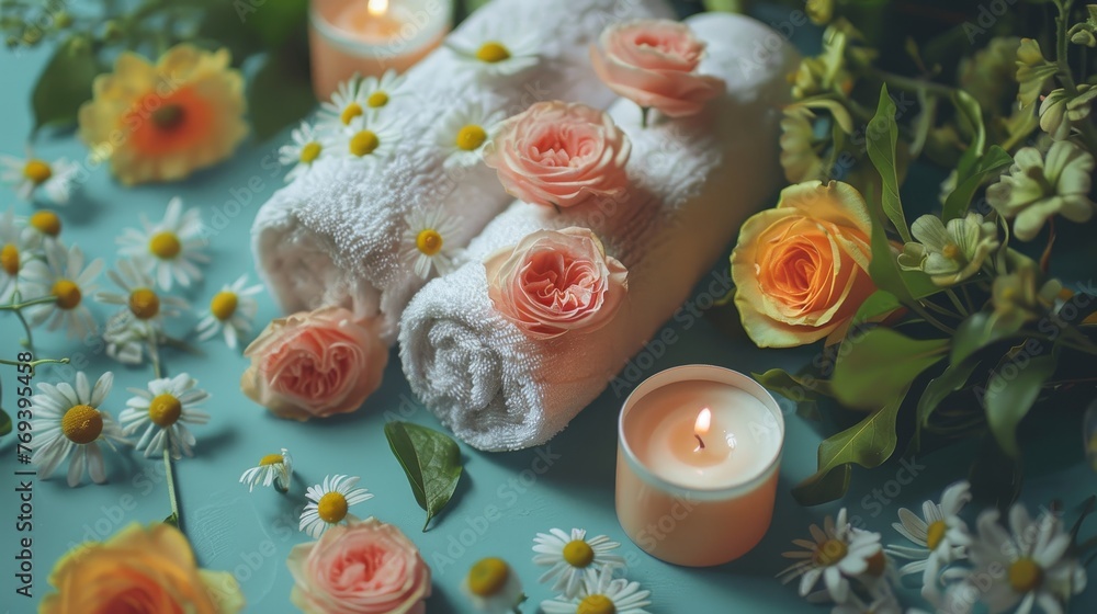 Roll up of towels and flowers for massage spa treatment, aroma, healthy wellness relax calm and luxurious Roll up of towels and flowers for massage spa treatment, aroma, healthy wellness relax calm and luxurious