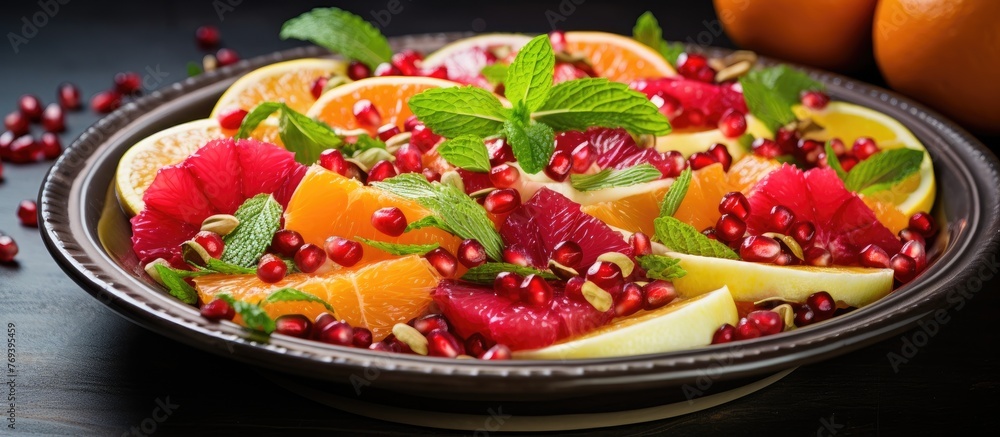 A close up of a colorful fruit salad on a table, showcasing a variety of natural foods like fresh produce and ingredients. The plate is beautifully garnished with a mix of fruits and vegetables A close up of a colorful fruit salad on a table, showcasing a variety of natural foods like fresh produce and ingredients. The plate is beautifully garnished with a mix of fruits and vegetables