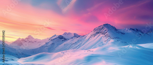 A mountain landscape covered in a blanket of snow, with the colors of the sunrise casting a splendid gradient across the sky, all captured in high-definition to emphasize its mesmerizing vibrancy.