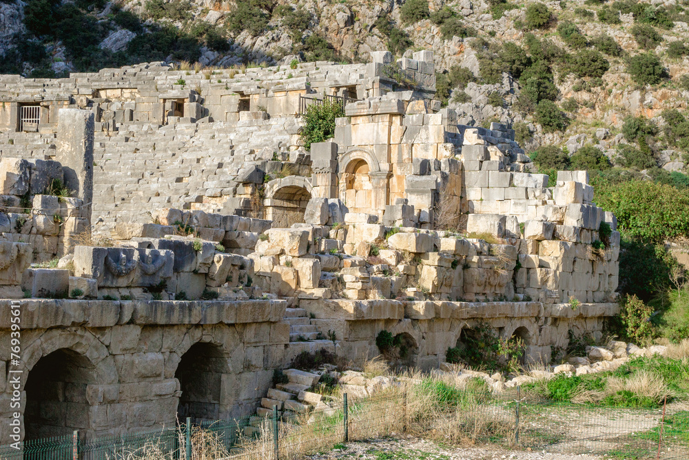 Panoramic view on antique roman theater in Demre. The ancient city of Myra, Lycia region, Turkey.