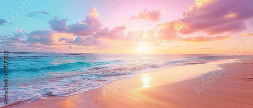 A tropical beach at sunrise, with the colors of the sky forming a splendid gradient of pinks and blues over the horizon, captured in high-definition to highlight its mesmerizing vibrancy.