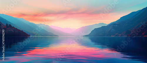 A tranquil lake surrounded by mountains, with the colors of the sunset casting a splendid gradient of colors across the water, captured in high-definition to emphasize its mesmerizing vibrancy.