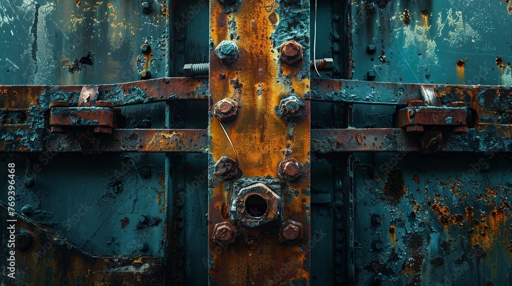 Bracket holding up a crumbling structure, detailed texture of rust, dramatic lighting, Bracket holding up a crumbling structure, detailed texture of rust, dramatic lighting,