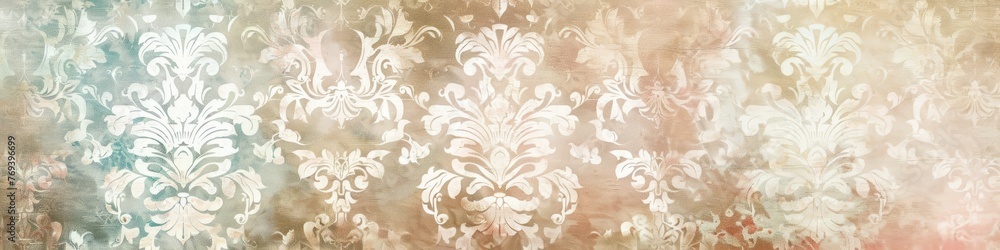 The wall displays a variety of pastel hues and faded damask motifs, creating a vibrant backdrop, background, wallpaper, banner The wall displays a variety of pastel hues and faded damask motifs, creating a vibrant backdrop, background, wallpaper, banner