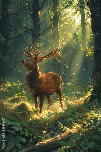 Capture the grace of a graceful deer roaming through a sunlit forest, representing the harmony of animals and their habitats