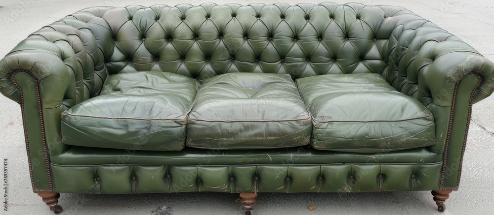 Fototapeta premium Vintage green leather button tufted sofa