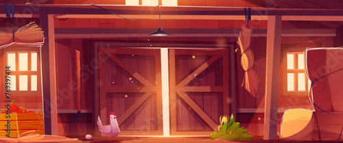 Farm barn inside with wooden walls and open gate, chicken and egg, hay in stacks and corn on floor, ripe tomato harvest in box. Cartoon vector ranch shed interior with hen and agriculture elements.