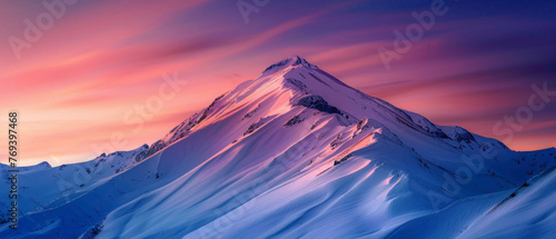 A snowy mountain peak catching the first light of dawn, with the sky above displaying a splendid gradient of colors, all captured in high-definition to emphasize its mesmerizing vibrancy.