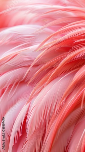Detailed view of vibrant and exotic Flamingo pink feathers, showcasing their texture and color diversity up close, background, wallpaper