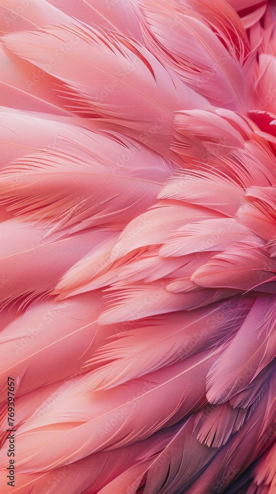 Detailed view of vibrant pink feathers of a flamingo, showing texture and colors up close, background, wallpaper