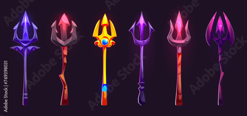 Poseidon or Neptune magic trident for game ui design. Cartoon vector illustration set of fantasy pitchfork made of wood and metal decorated with gem stones. Mythology nautical trishul weapon.