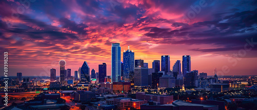 The city skyline at twilight, illuminated by a splendid gradient of lights against the evening sky, captured in high-definition to showcase its mesmerizing vibrancy.
