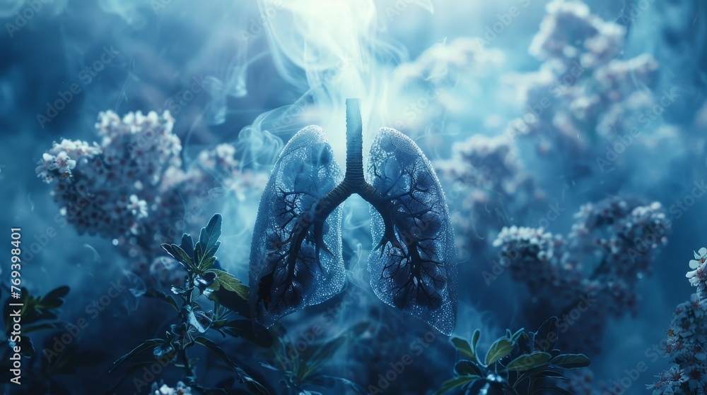 3D Illustration : Sick lungs depicted in poor air quality, with visible signs of smoker's lung disease - obrazy, fototapety, plakaty 