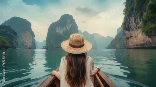Back view of the young woman tourist in straw hat relaxing on the boat and looking forward into sea. Travelling tour in Asia © JovialFox