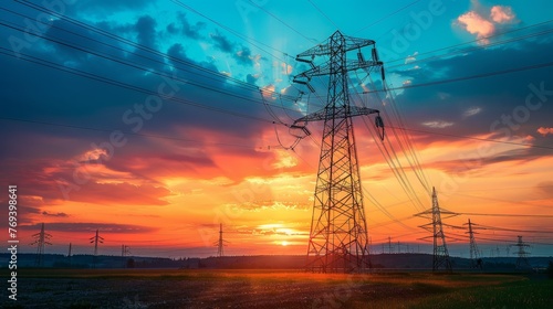 High voltage electric tower on sunset time background