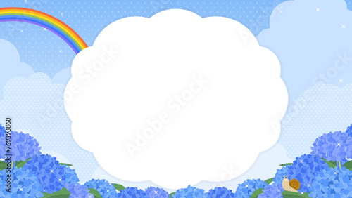 虹のかかった青空と満開のアジサイ＆かたつむり 背景・フレーム素材（横向き16:9）