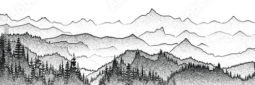 Drawing of mountain and forest isolated on white background, stroke texture, imitation engraving, vector design