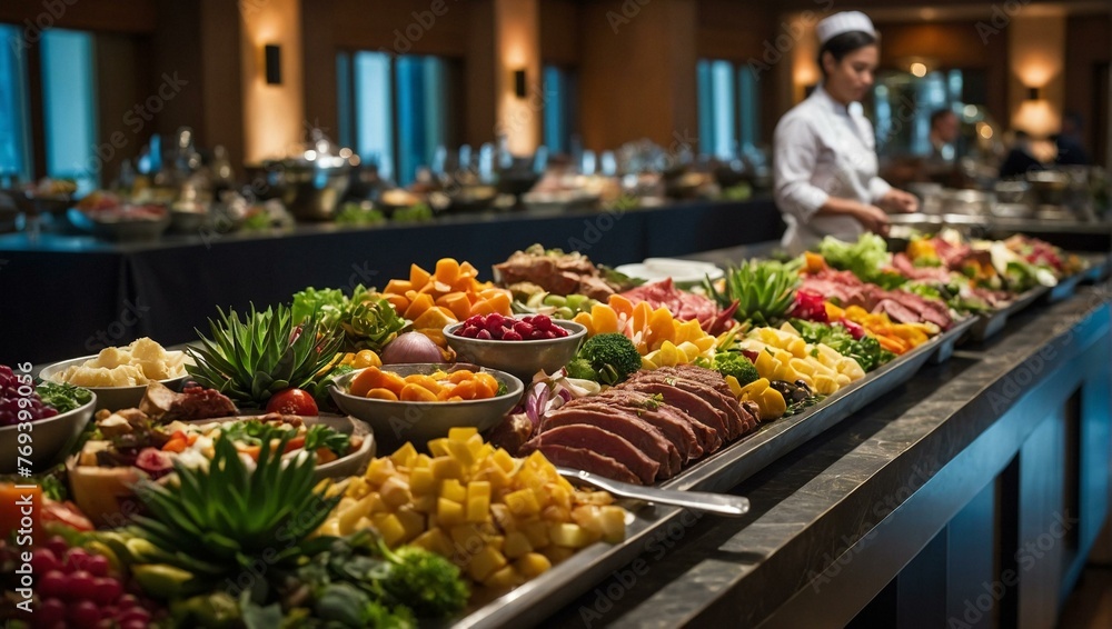 A professional chef arranges a variety of delicious dishes at an upscale buffet with a selection of fruits, meats, and salads