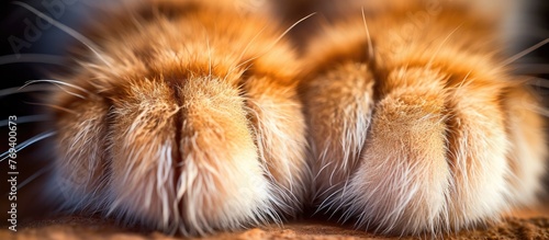 A macro photograph showcasing a Felidaes paws with whiskers on a wooden surface. The fawn fur of the small to mediumsized terrestrial animal adds to its wild and fashionable charm photo