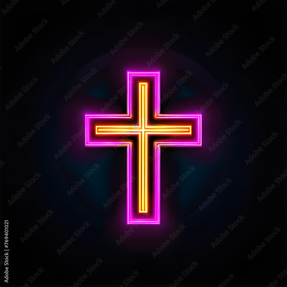 Fototapeta premium Glowing Neon Cross Icon: Symbol of Faith and Spirituality(Generative AI)