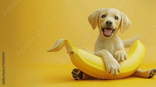 Banana with puppy head, playful wag, delightful 3D vector, photo