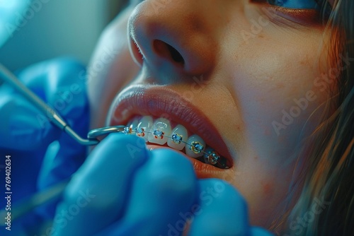 Orthodontist adjusting braces, bright clinical light, sharp detail, professional care scene , high resolution DSLR, 8K, high detailed, super detailed , ultra HD, 8K resolution , up32K HD photo
