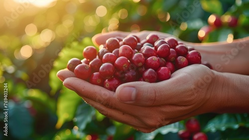 Agricultural hands showing harvested coffee berries photo