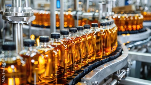 Automated bottling process for amber liquid in a modern industrial factory.