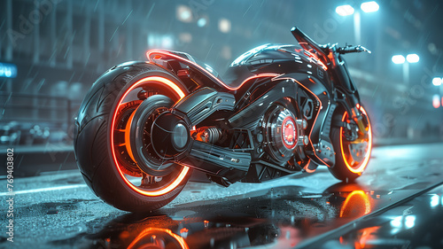 Futuristic motorcycle with neon lights.
