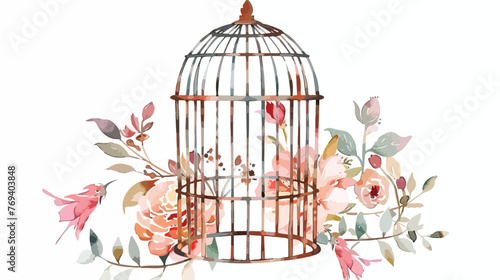 Floral bird cage watercolor Flat vector  photo