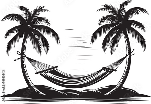 Coco Cove Comfort Hammock Strung Between Trees, Iconic Black Icon Paradise Perch Hammock Swaying in Coconuts, Vector Emblem Symbol