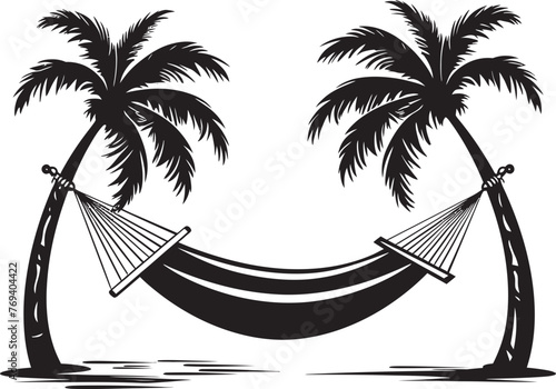 Beachside Bliss Hammock Tied Between Two Palms, Black Vector Emblem Coco Haven Hammock Swinging Amidst Two Coconut Trees, Black Vector Icon