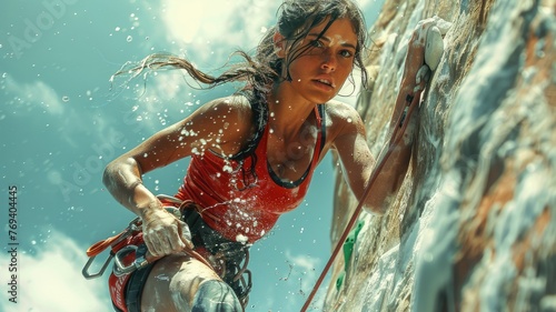 athletic girl in sportswear climbs a climbing wall