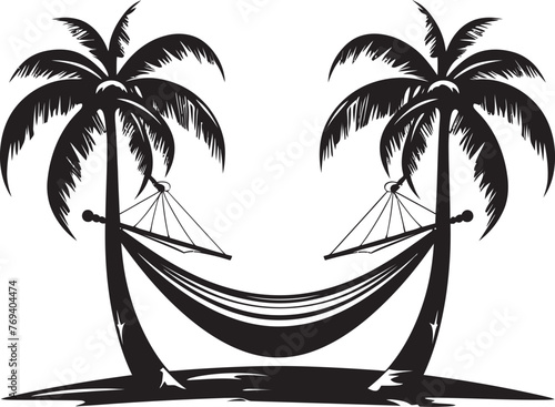 Coco Comfort Hammock Between Two Coconut Trees, Vector Symbol Island Escape Hammock Hanging in Coconuts, Black Emblem